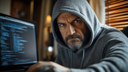 Focused Individual in Hoodie Working on Laptop with Programming Code