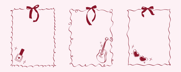 Poster - Hand drawn coquette frames. Vintage cute borders with ribbon and bow in simple crayon and sketch style. Trendy art for bachelorette party and wedding invitations. Line art vector illustration