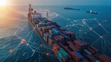 Container ship at sea with digital network links, digital trade network connection concept, global shipping industry. 