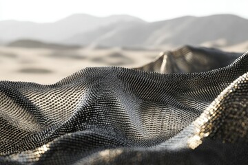 Abstract textured fabric draped over desert landscape, shimmering in sunlight.
