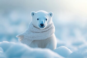 Aufkleber - Little polar bear wearing a scarf on a pastel ice field showcasing a serene winter atmosphere