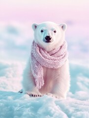 Aufkleber - Little polar bear with a soft scarf on a pastel ice field embodies winter calm and serenity in a tranquil arctic landscape
