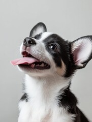 Poster - Playful corgi puppy with tongue out in bright white studio setting displaying joy and liveliness
