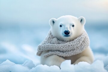 Poster - Little polar bear with cozy scarf on a pastel ice field in a tranquil winter setting