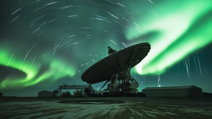 Wall Mural - majestic radio telescope stands still, observing the mesmerizing dance of star trails and the vibran