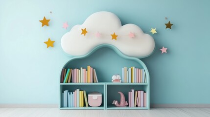 Aufkleber - Creative cloud-shaped bookshelf with pastel books and star garland brightens a cozy corner of a childs room