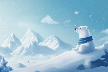 Fototapete - Gentle polar bear resting in a snowy mountain landscape with a cozy scarf under a bright sky