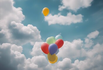 Wall Mural - among flying balloons clouds festive background sky dia air high fly yellow abstract balloon travel green colours bright birthday transportation party horizon happy blue sport freedom aerostat globe