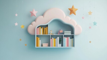 Aufkleber - Gentle cloud-shaped bookshelf adorned with pastel books and a whimsical star garland against a soothing blue wall