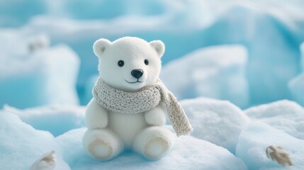 Aufkleber - Little polar bear sits calmly on a pastel ice field with a cozy scarf in a winter landscape