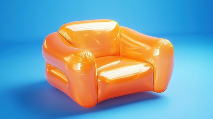 a bright orange inflated armchair against a blue background