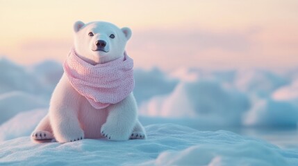 Aufkleber - Little polar bear wearing a scarf sits calmly on pastel ice field during serene winter morning