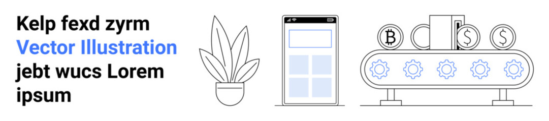 Potted plant beside mobile device interface and production line with currency symbols and gears. Ideal for technology, finance, automation, productivity, economy, business growth, flat landing page