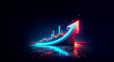 Wall Mural - neon arrow illuminated in blue and red, points upwards with a glowing graph trailing behind against 