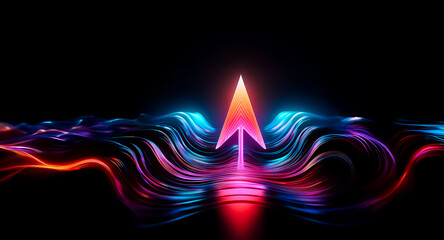 Wall Mural - a vibrant arrow points upwards, radiating light above swirling colorful waves on a black backdrop, c