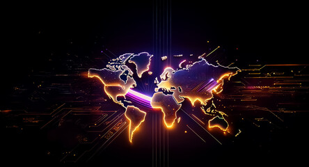 Wall Mural - futuristic world map with glowing lines highlights continents against a dark backdrop, suggesting gl