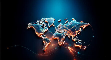 Wall Mural - a stylized world map with luminous orange continents interconnected by glowing blue lines, suggestin