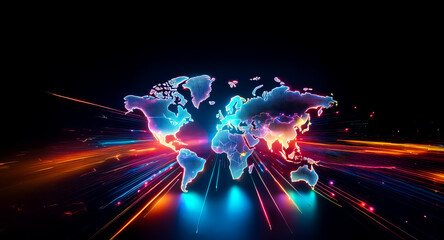 Wall Mural - neon world map illuminated with vibrant light trails on a dark backdrop. suggests global connectivit