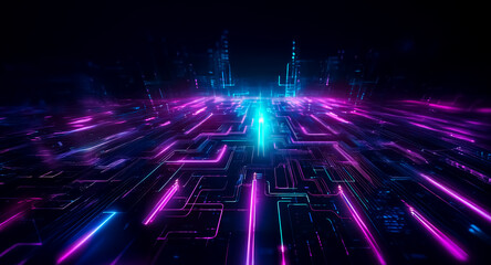 Wall Mural - a vibrant neon landscape glows with blue and purple lines, resembling a circuit board in a futuristi