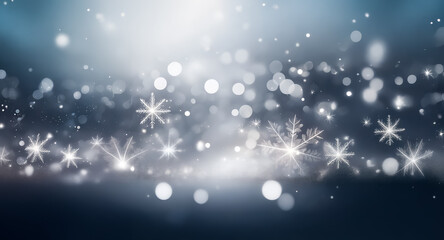 Wall Mural - dreamy winter scene: soft bokeh lights, delicate snowflakes fall on gradient blue. sparkling, ethere