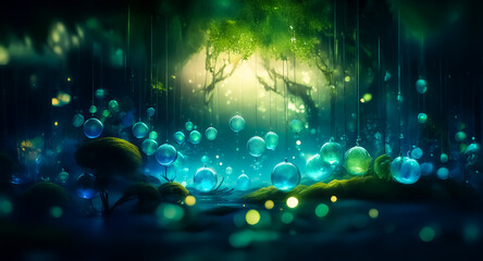 Wall Mural - dreamlike forest with glowing orbs scattered around. silhouetted trees against a softly glowing back