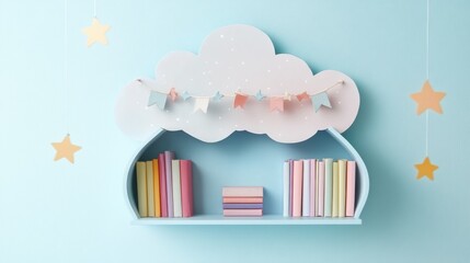 Fototapete - Charming cloud-shaped bookshelf adorned with pastel books and whimsical star garland in a cozy reading nook