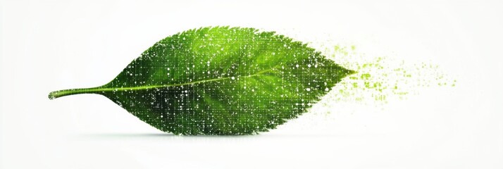 Poster - Green leaf dissolving into digital pixels illustrating the harmony between nature and technology in a modern environmental context