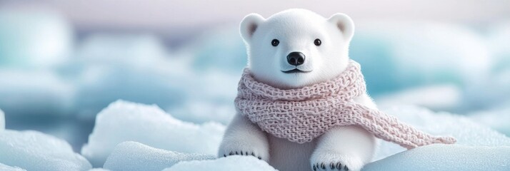 Aufkleber - Little polar bear wearing a scarf sitting on pastel ice field during a calm winter day