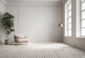 Wall Mural - white 3d background wood interior contemporary room clean corner rendering walls empty blank floor illustration modern house space wooden home nobody parquet sunlight light flooring apartment design