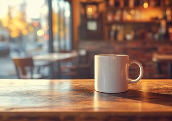 Poster - White mug sitting on wooden table in cozy cafe