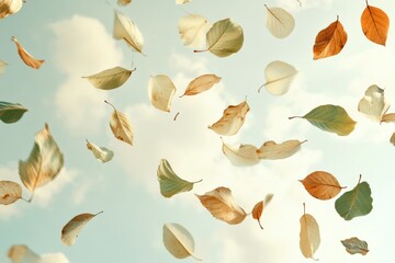 Aufkleber - Floating leaves dance among soft clouds in a serene sky filled with gentle hues of neutral colors
