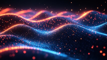 Futuristic Cyberpunk Digital Network Abstract Visualization with Glowing Blue Neon Lines and Wave Patterns