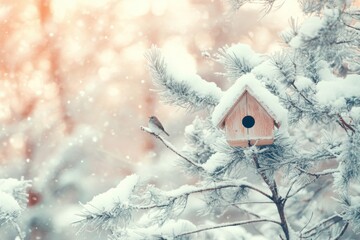 Leinwandbilder - Little birdhouse nestled among snowy pines creates a pastel winter wonderland scene in soft light