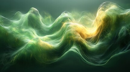 Futuristic Abstract Digital Network Flow with Fluid Green Waves and Chiaroscuro Lighting