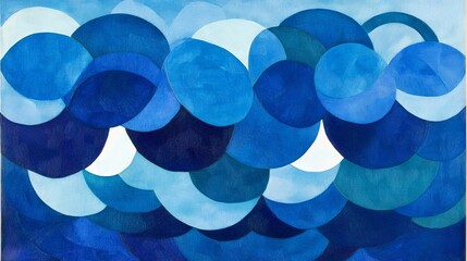 Wall Mural - aqueous mosaic blue hues creating wave-like patterns with overlapping, organic circles and curved sh