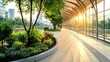 © leymart - Sunlit modern train platform walkway with lush landscaping and city skyline view.