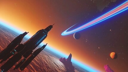 Spectacular interstellar voyage with spaceship among planets and rings