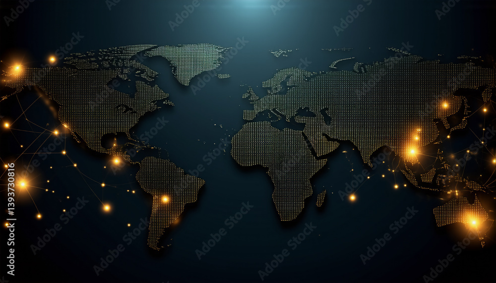 Global network illustration of world map with glowing connections ...
