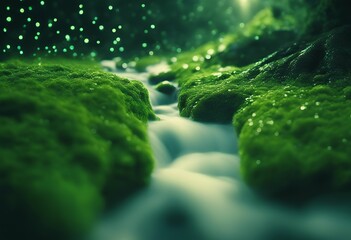 Wall Mural - green stream luminous particles motion magical green stream glowing particles magical flow vegetatio