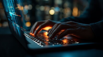 Night Programmer Coding Laptop Keys Hands Dark Digital Technology Illuminated Screen Modern Software Development Abstract Background Typing           