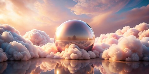 Wall Mural - A Reflective Sphere Rests Serenely Atop a Sea of Clouds at Sunset, Mirrored in the Still Waters Below