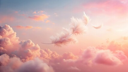 Wall Mural - Serene White Feathers Drifting Through a Pastel Sky at Sunset