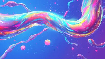 Wall Mural - swirling rainbow liquid ribbons float against a vibrant blue backdrop with scattered bubbles