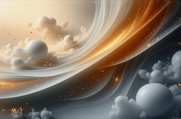 Wall Mural - abstract image with swirling clouds and sphere objects. golden light streaks contrast with the soft 