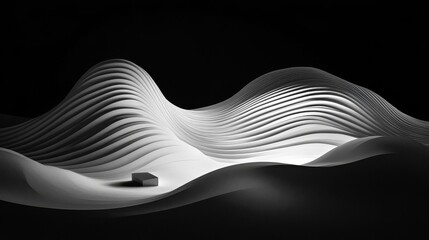 Wall Mural - wavy landscape. a small cube sits in this curved landscape. high contrast black & white