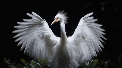 Naklejka na meble Majestic White Egret Bird with Crest and Wide Outstretched Wings on Dramatic Dark Background