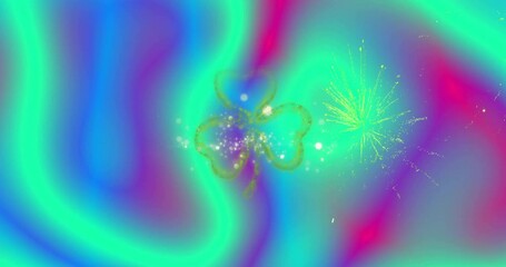 Wall Mural - glowing clover and fireworks creating colorful abstract background animation