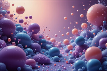 Wall Mural - abstract dreamy scene features a variety of spheres in blue, purple, and orange hues scattered acros
