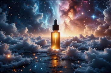 Wall Mural - illuminated dropper bottle on a cloudscape beneath a starry, cosmic sky. a dreamy, ethereal scene wi