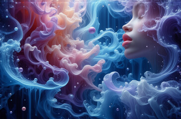 Wall Mural - a serene woman's face is enveloped in vibrant, swirling smoke of blue, purple, pink, and orange, cre